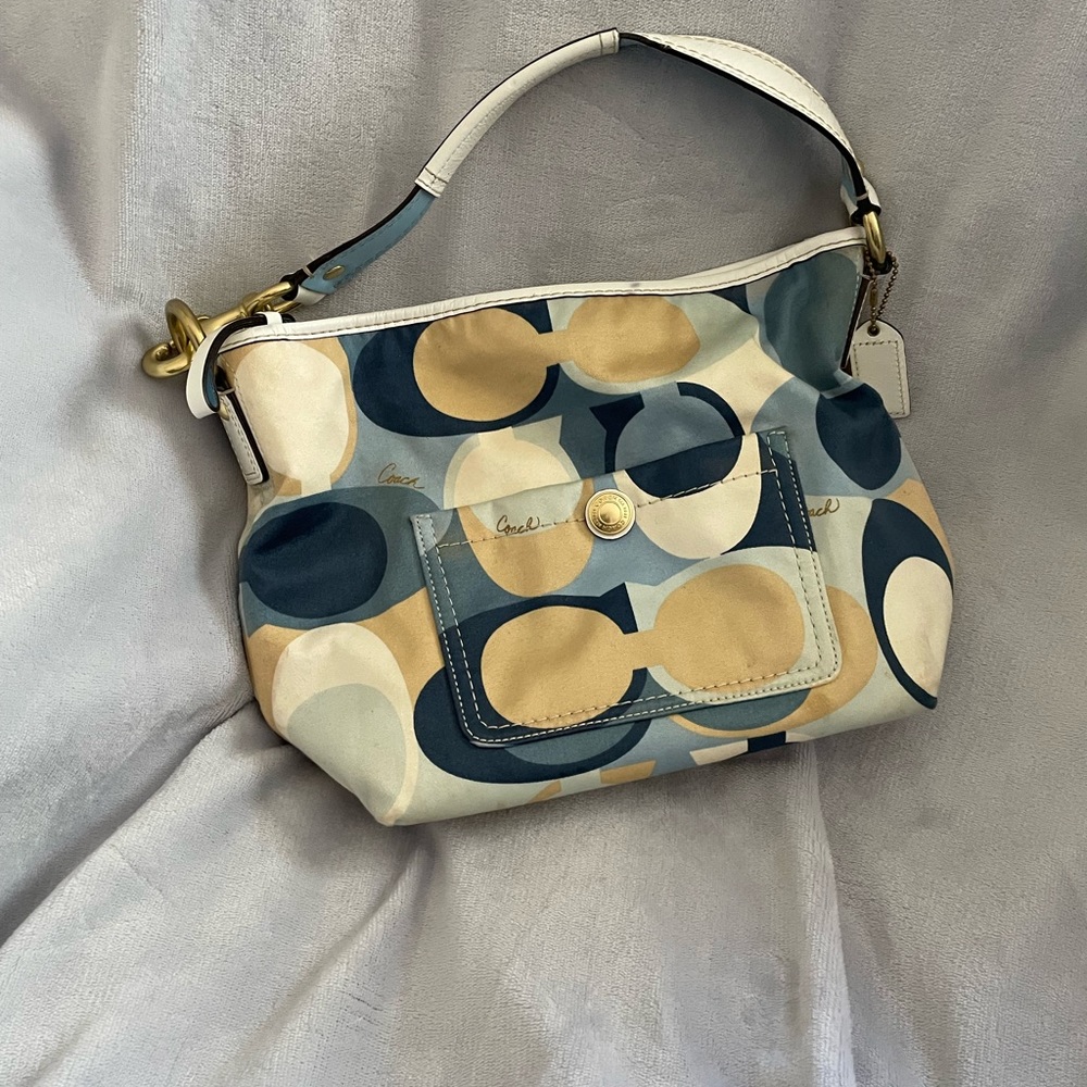 Coach Signature Scarf Print Hobo Bag L0726-11955 Blue Gold Tan White